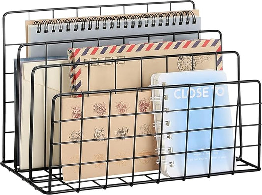 3 Slot Metal Desk Mail Organizer, Mesh Small Large File Magazine Book Record Holders Letter Organizer, Bill/Document/Filing/Folders/Paper Organizer for Desktop (Black-Large)
