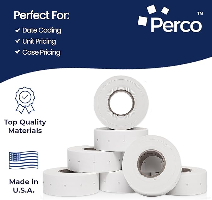 Perco 2 Line White Labels - 8 Rolls, 1 Sleeve, 6,000 Blank Price and Date Gun Labels for Perco 2 Line Price and Date Guns - Made in USA