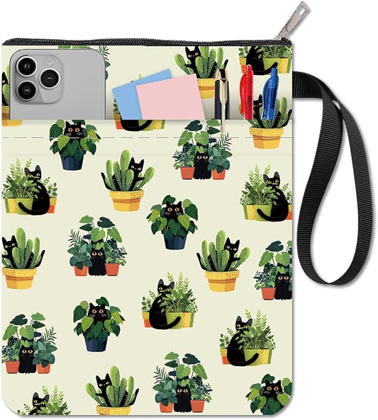 CRASPIRE Plant Book Sleeve Black Cat Book Protector Greenery Book Covers for Paperbacks Washable Fabric Cloth Book Cover with Zipper and Extra Sleeve Pocket for Book Lovers Classmate Gifts