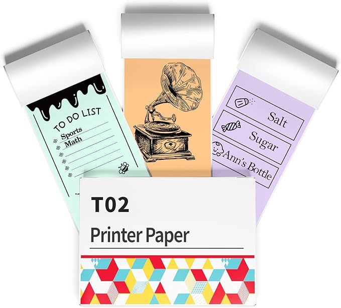 Purple/Green/Orange Thermal Paper for T02 Sticker Printer - Sticker Paper Works with T02/M02X/M02L Mini Printer, Last for 10 Years, Perfect for Journal Photos Study Notes, 50mmx3.5m, 3 Rolls