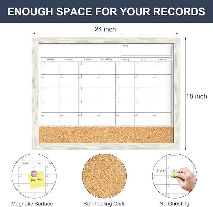 Calendar Whiteboard for Wall, 18x24 Inches Whiteboard Calendar Cork Board Combo, Magnetic White Board Monthly Calendar with Wood Framed, Hanging Dry Erase Board for Kitchen Home Office Planner