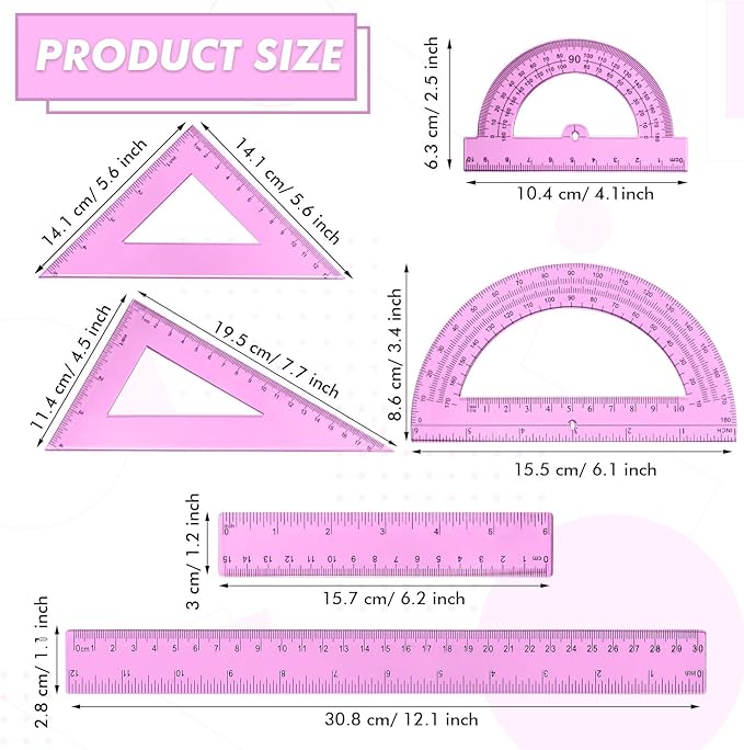 Tenare 6 Pcs Plastic Ruler Math Set Includes 12 Inch 6 Inch Straight Ruler Protractor Triangle Rulers Geometry Transparent Math Ruler Measuring Tools for School Office Home(Pink)