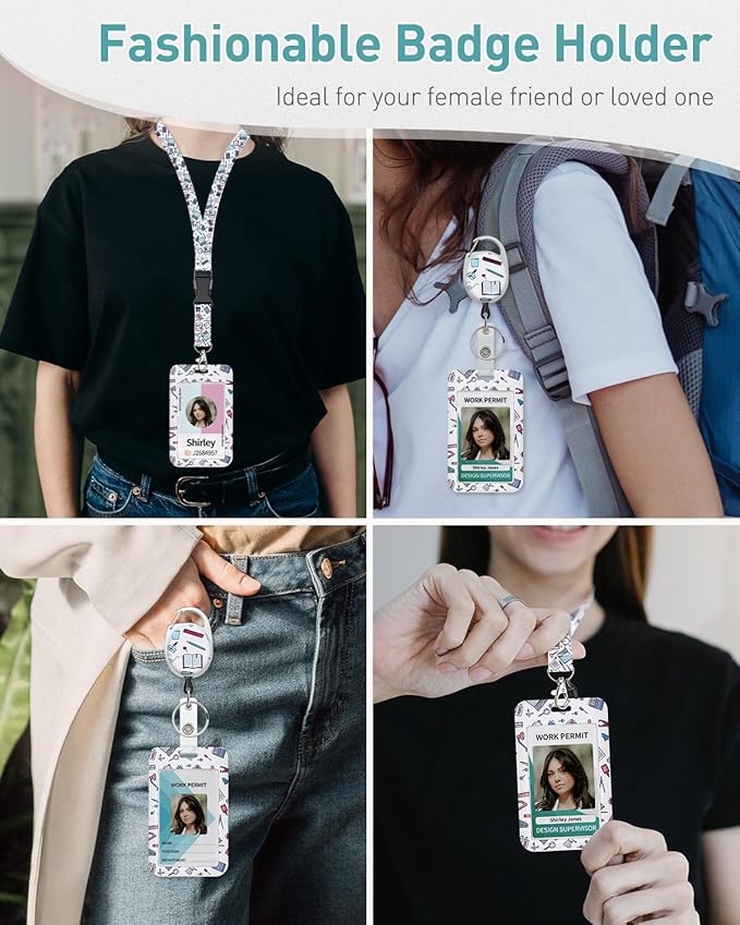 Uniclife Fashionable Sliding Badge Holder Stationery Pattern Plastic Case with Retractable Badge Reel Carabiner Clip & Detachable Lanyard Strap Vertical Card Protector for Women Nurse Teacher Student