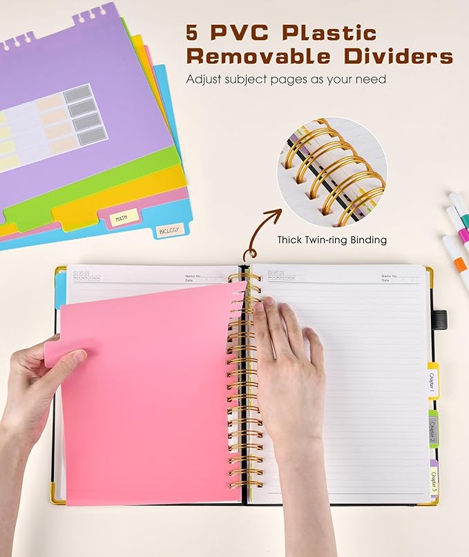 Hardcover Spiral Notebook journal with Removable Dividers Tabs, 300 Pages Leather 5 Subject Notebook College Ruled, 100GMS A5 Notebooks for Work School Note taking,Lined Journal for Women,A5-Black