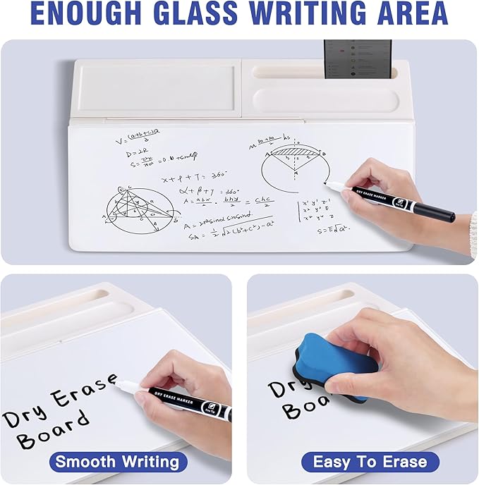 SELEAD Desktop Glass Whiteboard with Ultrasonic Cleaner Machine - Dry Erase White Board Computer Pad Keyboard Stand with Organizer for Home, School, Office Desk Accessories