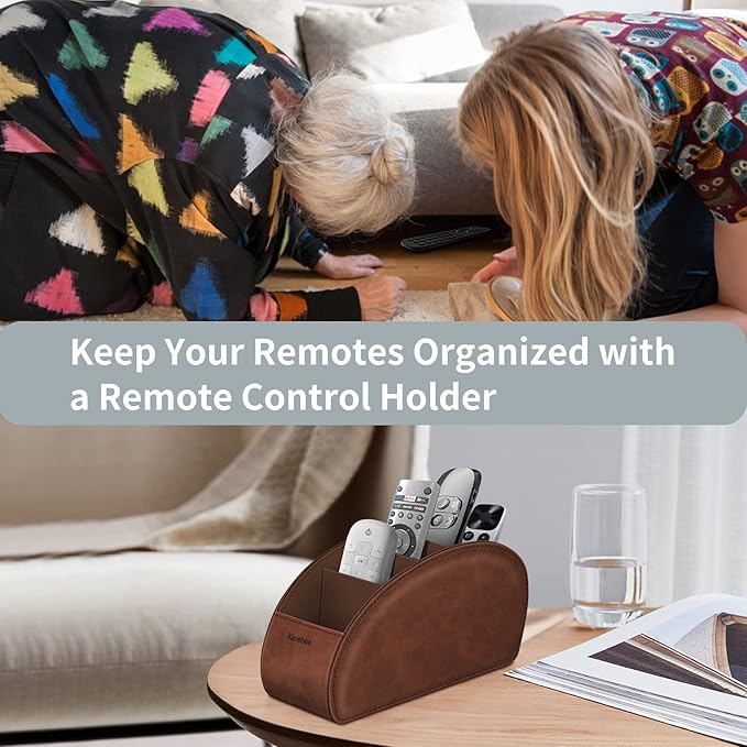 Remote Control Holder with 5 Compartments, KENOBEE Anti-slip Desktop Caddy Storage Organizer for Remote Controllers, Office Supplies, Makeup Brush, Media Accessories, Brown