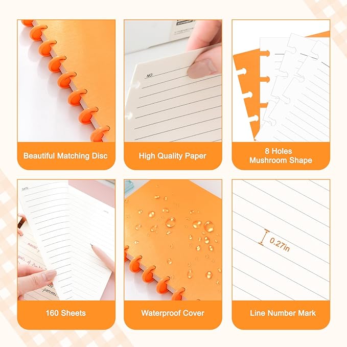 Discbound Notebook, 8-Disc Disbound Planner with Removable Pages, 180 Pages Spiral Notebook, Poly Cover Discbound Planner for Work, Travel, Note Taking(With Index Sticker),Orange,A4