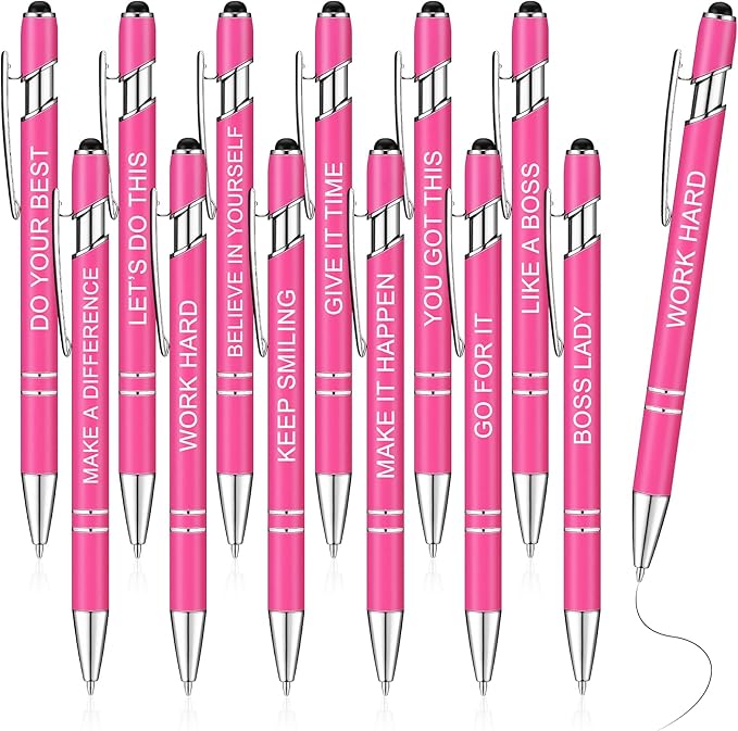 Zonon 12 Pieces Inspirational Pens Bulk Easter Basket Stuffers Motivational Quotes Ballpoint Pens with Stylus Tip Inspirational Gifts for School Office Teachers(Pink,Boss Lady)