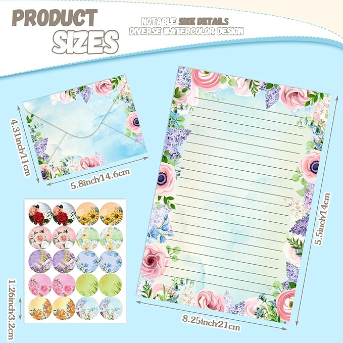 TaoBary 160 Packs Stationery Paper Set (50 Double Sided Stationery Writing Papers 50 Matching Envelopes) 60 Round Dot Sticker, 10 Design(Flower,8.5 x 11 Inch)