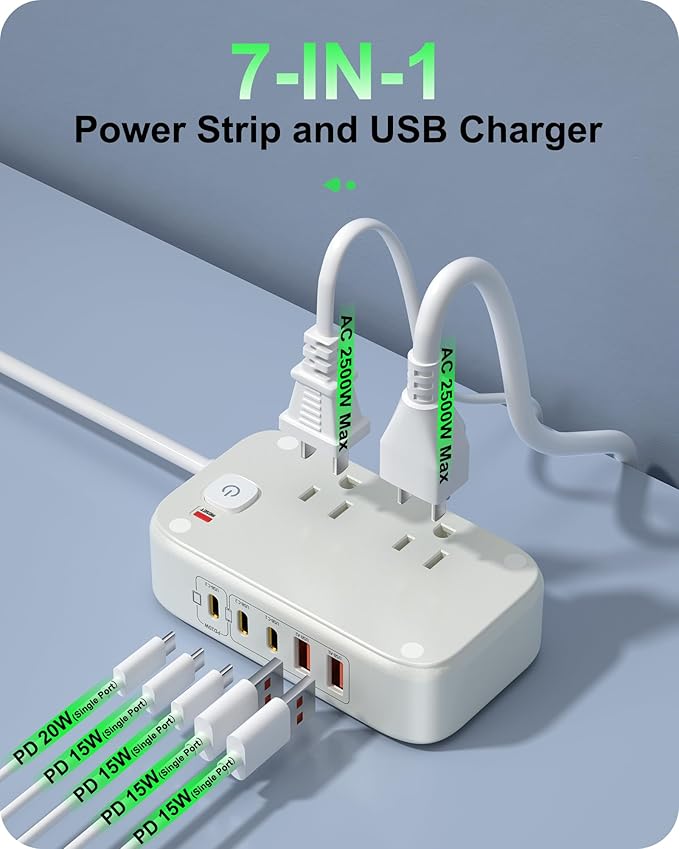 Flat Plug Power Strip, 20W USB C Power Strip with 2500W AC Outlects, 3 USB-C Ports, 2 USB-A Ports, 5FT Flat Extension Cord Outlet Extende Desk Charging Station for Home/Office/Travel Essentials