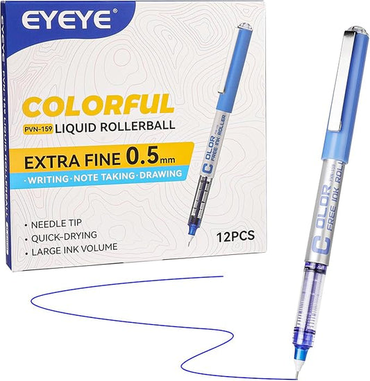 EYEYE 0.5mm Blue Pens Needle Tip, 12 Pack Rollerball Pen Extra Fine Point Quick Dry, Blue Liquid Ink Pens Fine Point Smooth Writing Pen for Journaling, Note Taking, Office, School Supplies