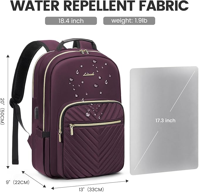 LOVEVOOK Laptop Backpack for Women 18.4 inch,Cute Womens Travel Backpack Purse,Professional Laptop Computer Bag,Waterproof Work Business College Teacher Bag Carry on Backpack with USB Port,Deep Purple