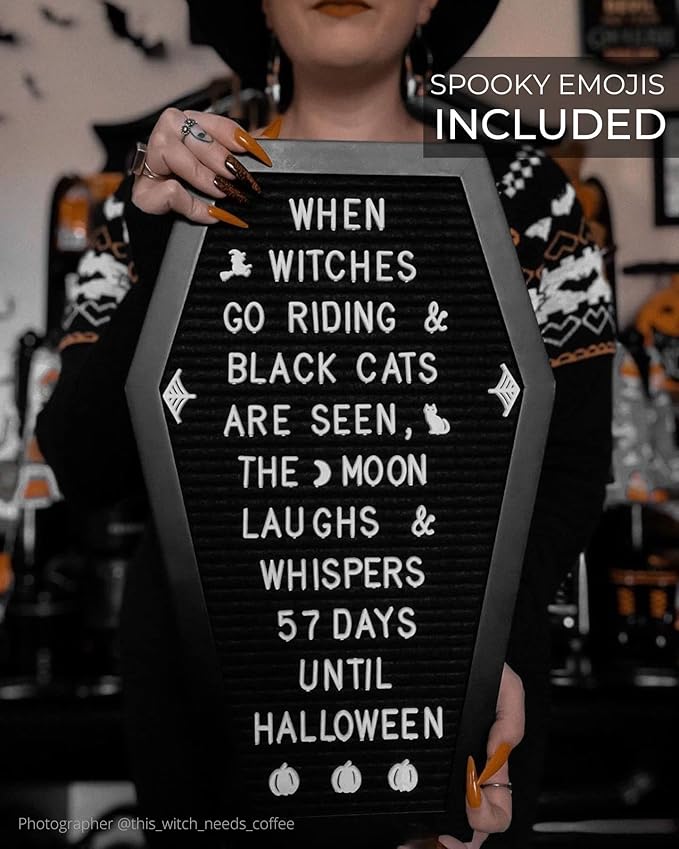 Coffin Letter Board Black With Spooky & Seasonal Emojis +550 Characters, Wooden Stand - 17x10.5 Inches - Coffin Shaped Goth Decor Sign Witchy Halloween Decorations Gothic Decor Birthday Wedding Home Spooky Gifts