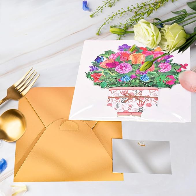 Rose Carnation Pop Up Card, 3D Flower Greeting Card with Envelopes for Any Occasion, Birthday, Mother's Day, Anniversary, Valentines Day, Handmade Gifts, Foldable Flower Cards for Friends