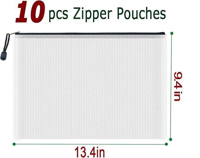 AUSTARK 10 Pcs Zipper File Bags, Waterproof Plastic Mesh Pouch for Office School, Board Game Storage Bags (A4 Size 13.4''x9.4'', White and Black)