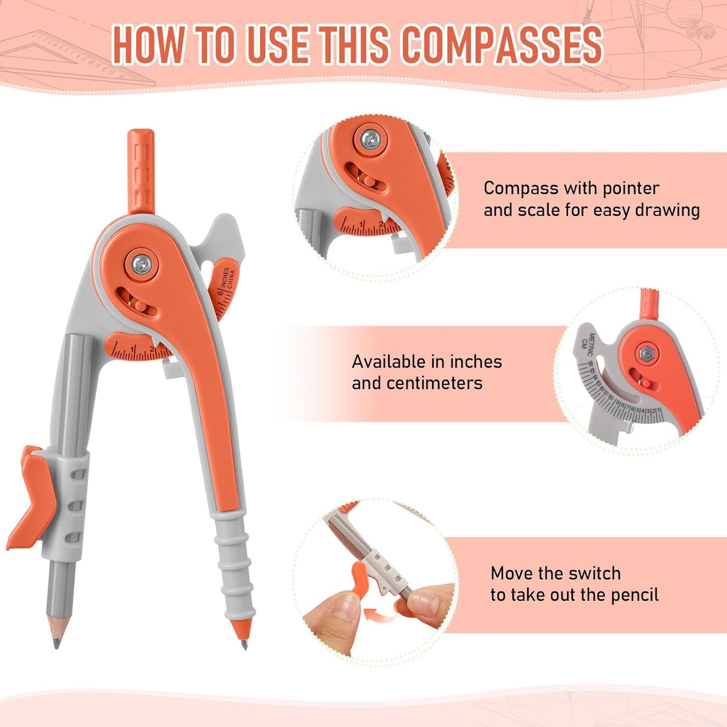 EBOOT Student Geometry Math Set, Drawing Compass and 6 Inch Clear Swing Arm Protractors 180 Degree Math Protractor(Watermelon Red)