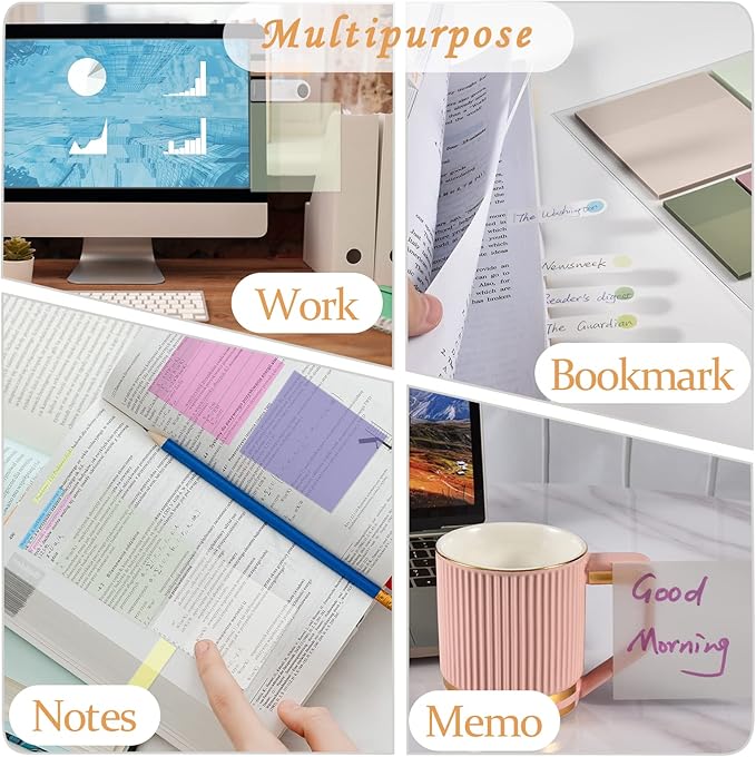 BAYTORY 700 Sheets Transparent Sticky Notes, Clear White Waterproof 3 x 3 inch See Through Memo Pad, Self-Adhesive Translucent Writable Index Tabs for Annotating Book, Office & School Study Supplies