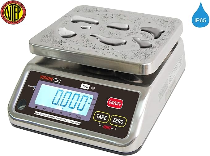 TVS Portion control Stainless steel Washdown Scale, Lb/Oz/Kg/g Switchable, Low Profile Design, 30lb Capacity, 0.005lb Readability, Single Display, NTEP Legal for Trade Coc #19-058