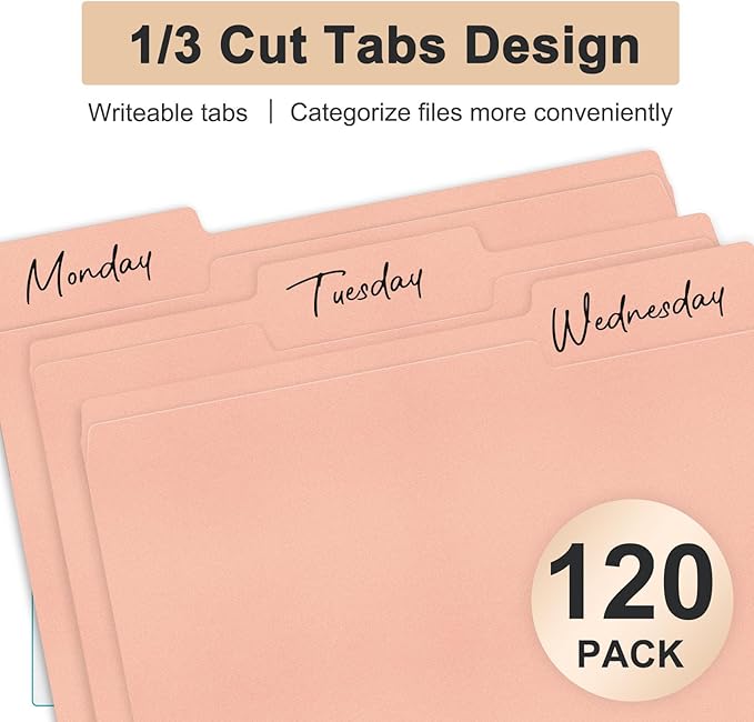 ViVin File Folders, Fits 8.5 x 11 Letter Size Paper, 1/3-Cut Tabs, 120 Pack Manilla Colored File Folders, Perfect for Home, Office, and School Documents File Paper(Pink)