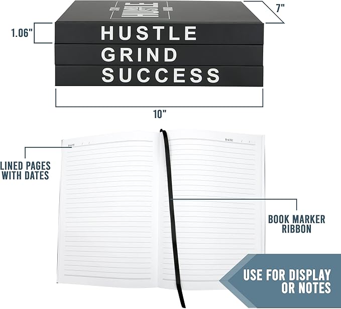 Hardcover Grind Hustle Success Book Decor for Men & Women, Decorative books for Home Decor, Office Decor for Men and Desk Decor for Men, Motivational gift with Black Cover and Blank Pages
