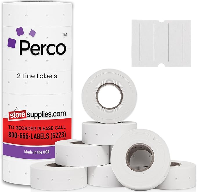Perco 2 Line White Labels - 8 Rolls, 1 Sleeve, 6,000 Blank Price and Date Gun Labels for Perco 2 Line Price and Date Guns - Made in USA