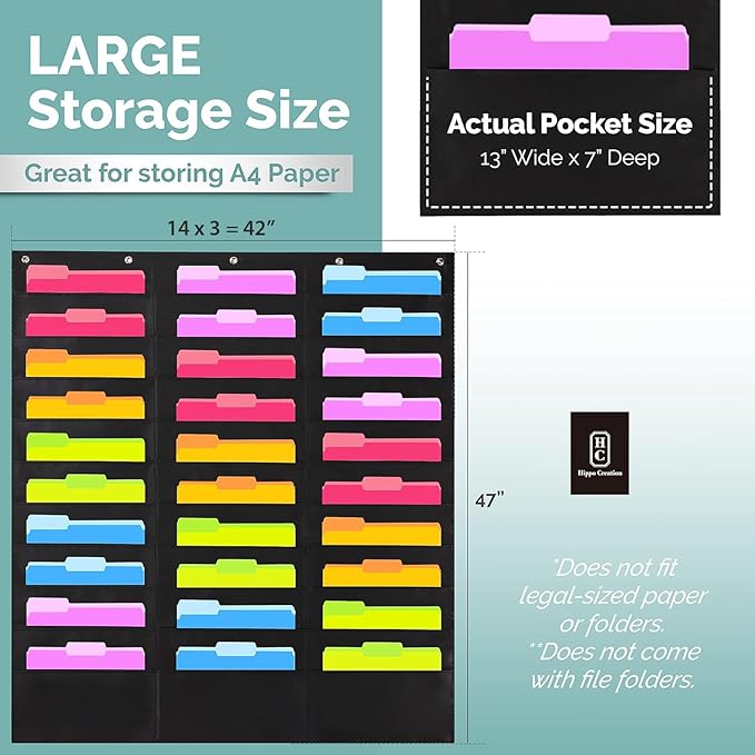 Black Pocket Chart for Classroom - 30 Pocket Storage Rainbow Pocket Charts , 5 Over Door Hangers Included, Hanging Wall File Organizer for File Folders, School Mailbox, Home/Office Papers