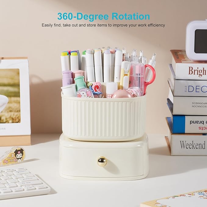 360 Degree Rotatable Pen Holder with Drawer, 5 Slots Office Desk Organizer Pen Holder for Desk Multi-Functional Pencil Box Desktop Stationary Organizer for Office School Home Beige