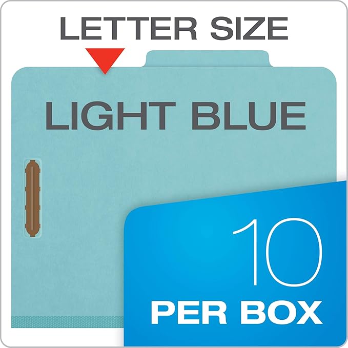 Pendaflex Recycled Classification File Folders, 2 Dividers, 2" Embedded Fasteners, 2/5 Tab Cut, Letter Size, Light Blue, Box of 10 (24030R)