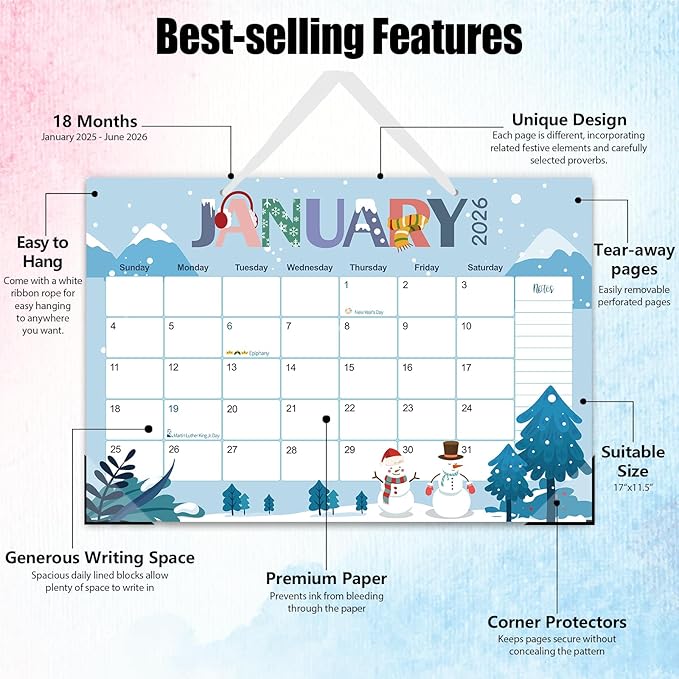 GuassLee Desk Calendar 2025, Monthly Calendar 2025, 18-Month School Year Calendar, 2025 Jan - 2026 Jun, 17"x11.5" Large Desk Planner with Corner Protectors, Ample Blocks ＆ Notes for Home Office