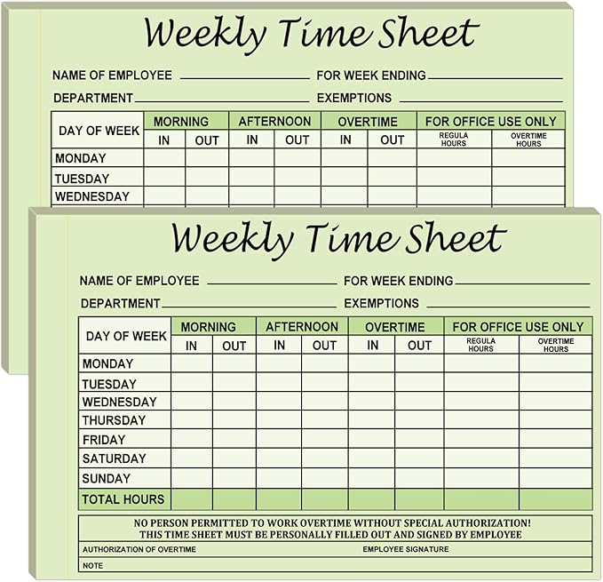 Employee Weekly Time Sheets Weekly Format 2 Part Carbonless 5.5 x 8.26 Inch - Daily Time Sheet Log Book Weekly Format 100 Sets