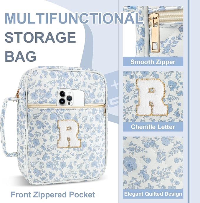 Personalized Initial Bible Cover Case for Women Girls Kid - Large Quilted Bible Case with Handle, Stylish Chenille Letter Bag Study Supplies, Perfect Christmas Gifts for Christians (Blue Flower-R)