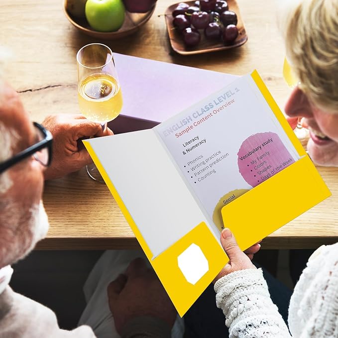 Jutom 50 Pcs 2 Pocket Glossy Paper Folders Glossy Paper Laminated Portfolios, Letter Size, Presentation Folders with Pockets for Office Teacher Worker Supplies(Yellow Color)