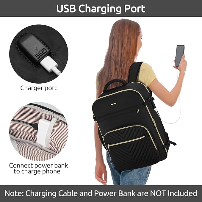 Travel Backpack for Women, Carry On Backpack for Airplanes Flight Approved, Waterproof Large Weekender Overnight Bag Fit 18.4 Inch Laptop with USB Charging Port, Black