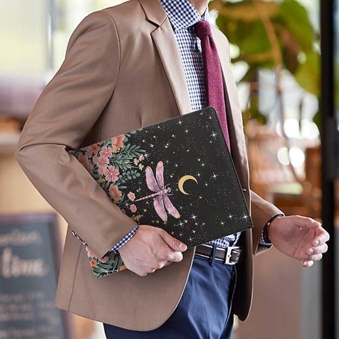 Dragonfly Flower Moon Portfolio Folder Leather Padfolio with A4 Size Clipboard Clip for Business Resume Interview Document Sleeve Binder Folder for Men/Women