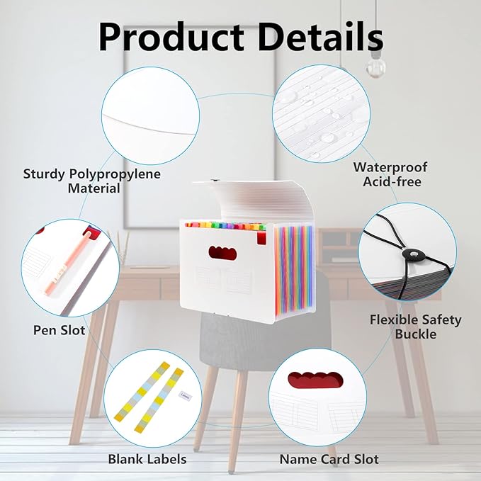 Sooez 24 Pockets Expanding File Folder with Blank Labels, According File Organizer with Expandable Cover, Desktop Accordion Folders Letter A4 Paper Document Storage Organizer, White