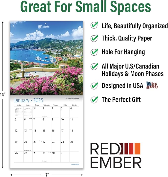 RED EMBER Untamed & Beautiful Tropical Islands Mini 2025 Wall Calendar 12 Month | 7" x 14" Open | Thick & Sturdy Paper | Giftable | Calendar 2025