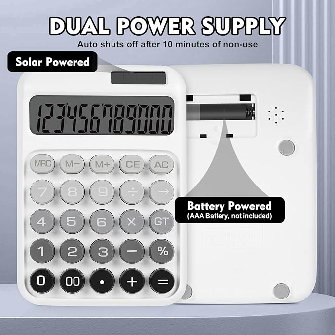 Mechanical Switch Calculator with Big Buttons, Calculators Desktop, 12 Digits, Solar Battery Power, Desk Calculator, Large LCD Display, Cute White Calculator for Teachers Students Basic Office