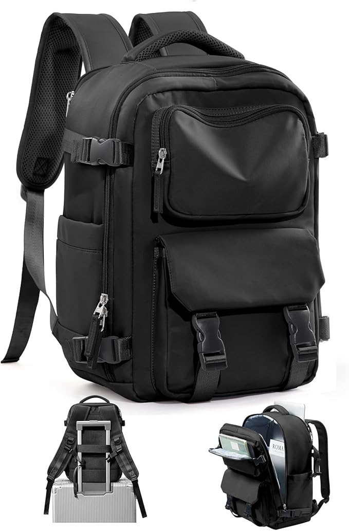 Black Travel Backpack for Women Men, Carry on Backpack Flight Approved Item Bag, Casual Daypacks Cabin Bagage, Hiking Backpack Lightweight Rucksack, Business Laptop Backpack Small