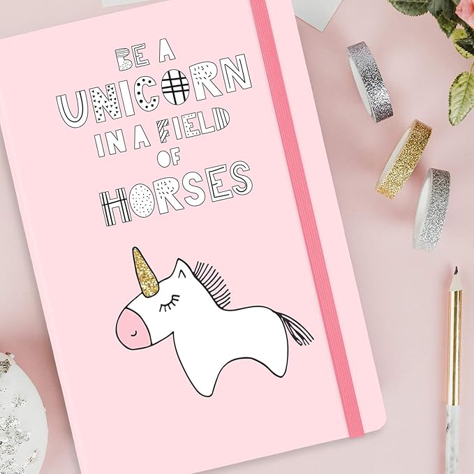 RICCO BELLO Wide Ruled Hardcover Diary Journal School Notebook for Kids, Tweens - Bookmark, Band Closure, Storage Pocket, 5.7 x 8.4 Inches, 192 Pages, (Be A Unicorn)