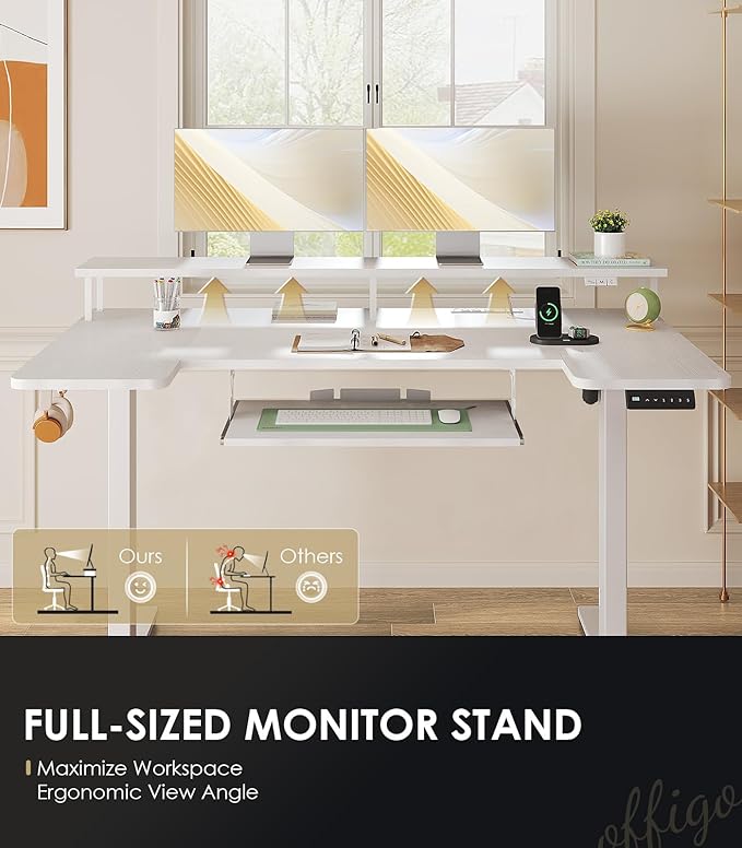 U Shaped Electric Standing Desk with Keyboard Tray, 55 Inch Height Adjustable Desk with Power Outlets & LED Lights, Sit Stand Table with Monitor Stand for Home, Office, White