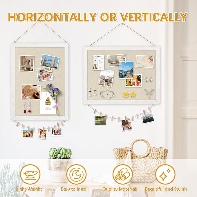 DOLLAR BOSS Bulletin Boards with Linen 1-Pack 16''X 12'' Double-Sided Cork Board for Walls Wood Framed Bulletin Boards, Small Pin Board for Home Kitchen Office Decorative Hanging 10 Pushpins