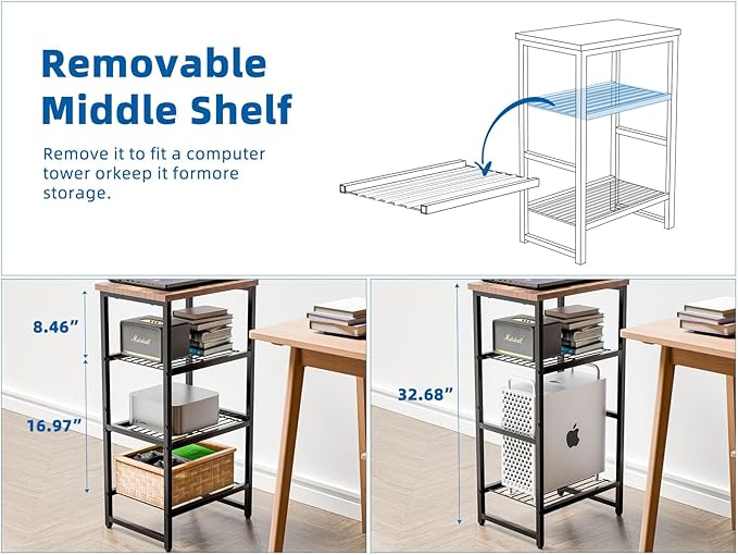 Printer Stand Holder 4 Tier - Heavy Duty Metal Shelving Unit for Printer Shelf Office Organizer, Industrial Printer Side Table with Wood Desk for Scanner Fax Machine, Bronze