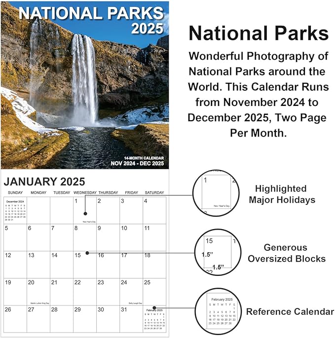 Calendar 2025, National Parks Calendar 2025 from January 2025 - December 2025, 12" x 24" Opened 12 Months Calendar, Full Page Months Thick & Sturdy Paper for Gift Perfect Calendar Organizing