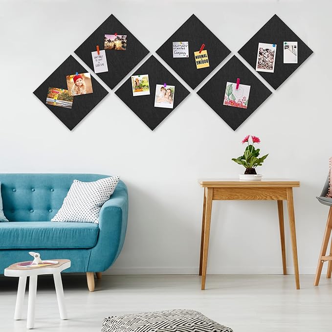 AKTOP Black Cork Bulletin Board 12x12, 1/2" Thick Felt Cork Board Tiles 9 Pack, Small Square Pin Board for Wall, Self Adhesive Corkboards with 120 Push Pin Wood Clips for School, Home & Office