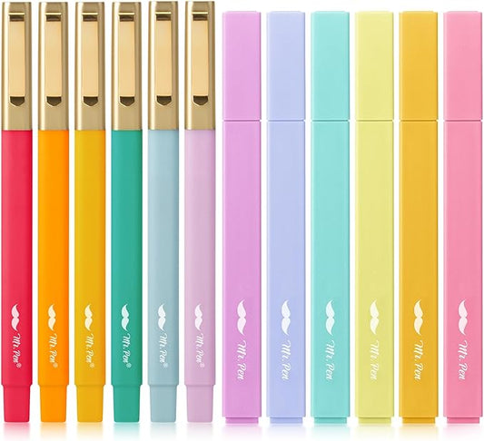 Mr. Pen- Aesthetic Highlighters and Pens No Bleed, 12 Pack, Assorted Color Bible Highlighters No Bleed, Black Ink Bible Pens, Highlighter Pens, No Bleed Highlighters for Bibles, Bible Pens