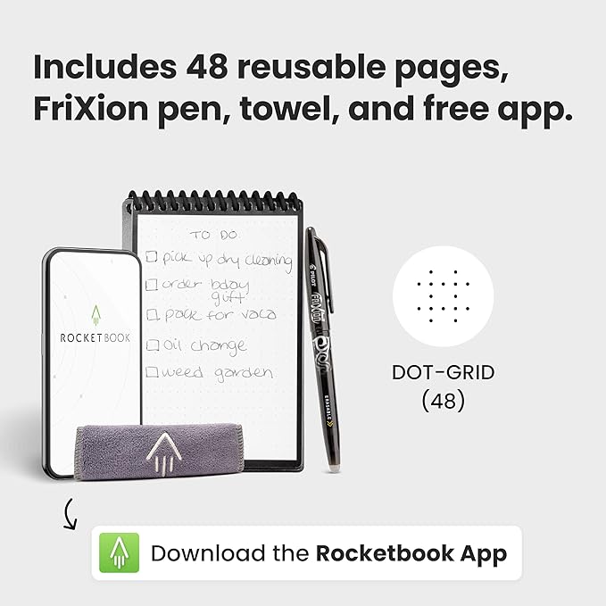 Rocketbook Mini Reusable Smart Notepad, Pocket Size Notebook 3.5x5.5, Gray - Dotted Pages, App-Connected, Erasable, Ideal for On-The-Go List Taking & Quick Notes Anywhere