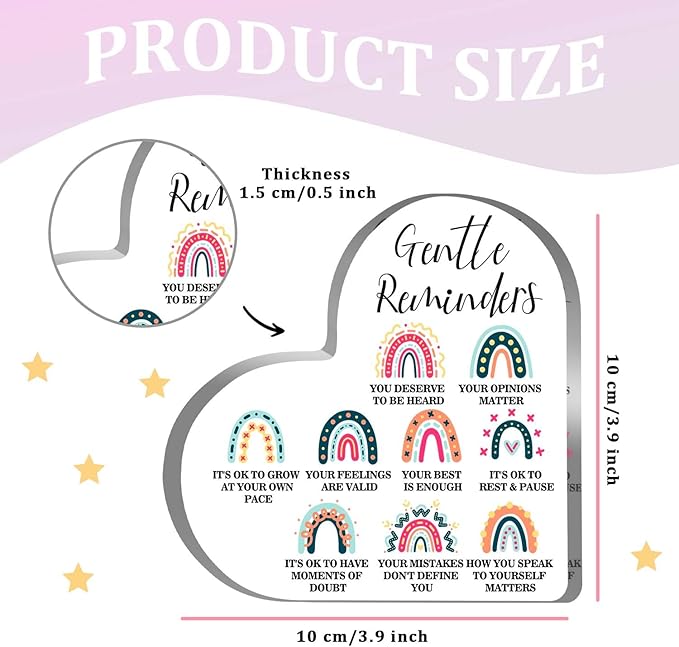Gentle Reminders Decor, Positive Affirmations Desktop Art Decorations for Home Therapy Office School Counselling Office Mental Health Awareness Gifts, Heart Shape Acrylic Rainbow Sign Decor