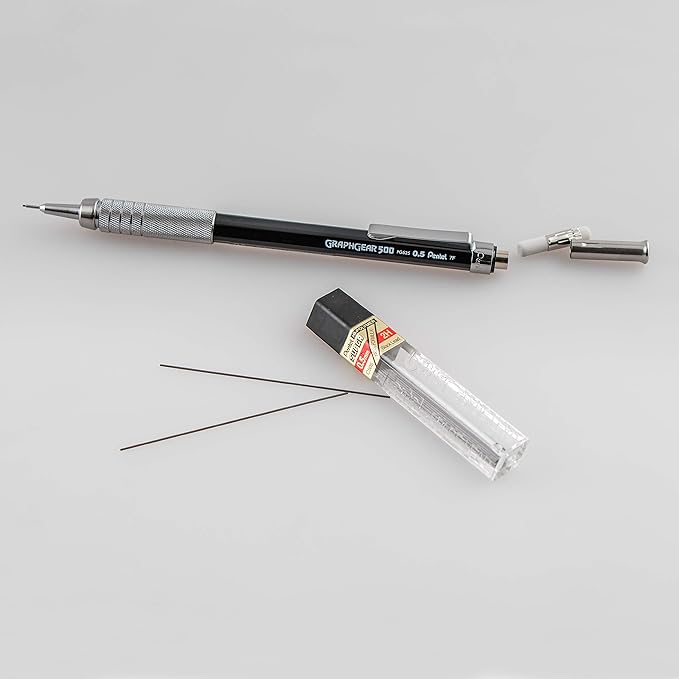 Pentel GraphGear 500 Mechanical Drafting Pencil, (0.5mm), Fine Line, Refill Lead and Mini Eraser (PG525LEBP)