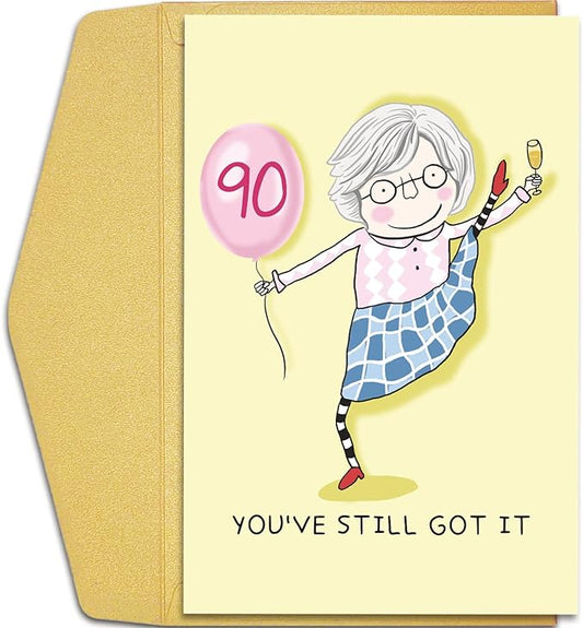 Qiliji Funny 90th Birthday Card for Women, 90 Years Old Birthday Card for Her, Happy Ninetieth Birthday Greeting Card, 90 Still Got It