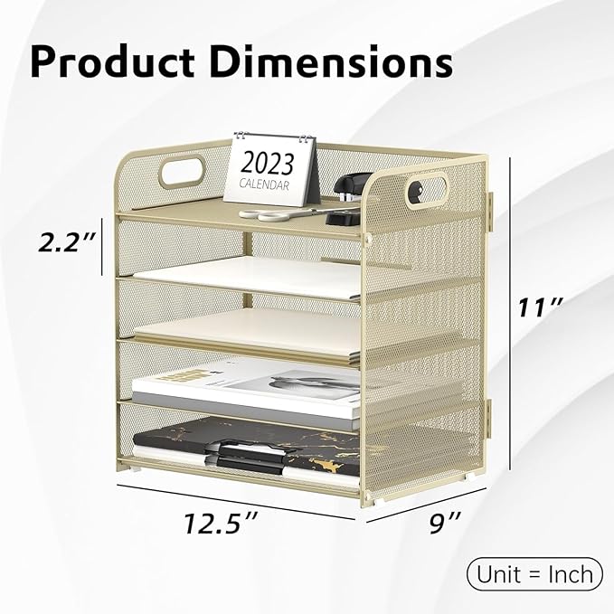 Supeasy 5 Trays Paper Organizer Letter Tray with Handle-Mesh Desk File Organizer,Pink Paper Sorter Desk Organizer for Office, Home or School (Gold Yellow)